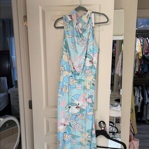 Elegant Floral Maxi Dress - Light Blue and Pink